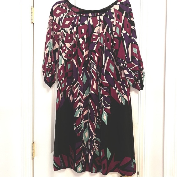 Elie Taharie Silk Midi Dress. L. Black with geometric print. 3/4 tulip sleeves